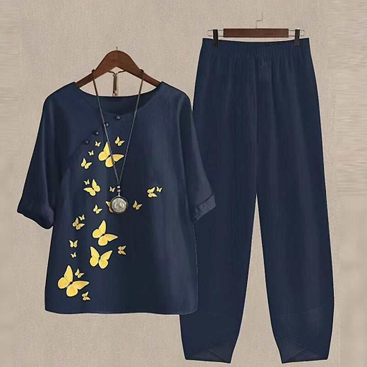 Ensemble coordonné pantalon fleuri et haut pour femmes, grande taille disponible. Style chic décontracté printanier.