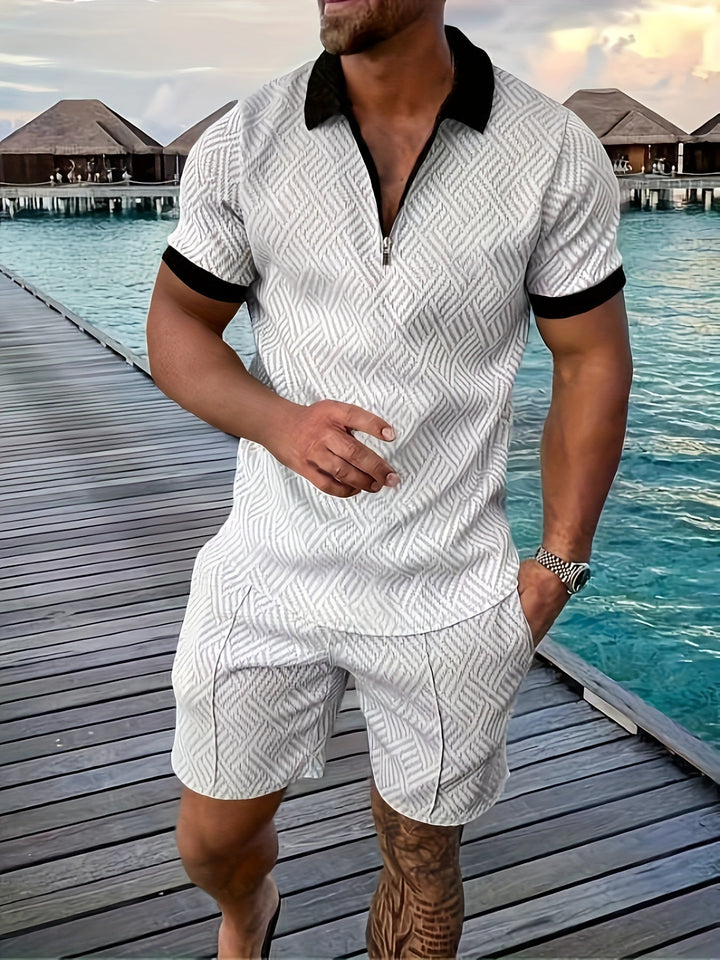 Ensemble loungewear homme, polo 1/4 zip texturé estival et short décontracté, idéal pour l'été.
