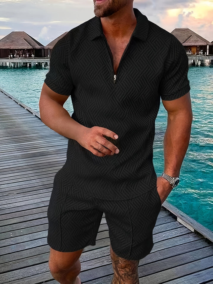 Short texturé confortable pour homme, assorti au polo 1/4 zip, ensemble décontracté estival.