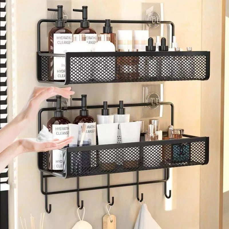 Étagère adhésive murale en plastique pour salle de bain, facile à installer, gain de place.