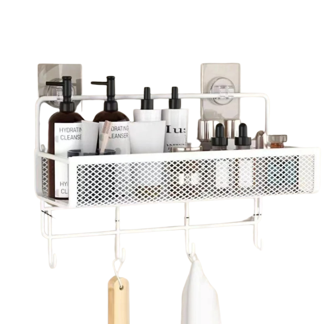 Rangement salle de bain sans perçage: étagère murale adhésive au design moderne.