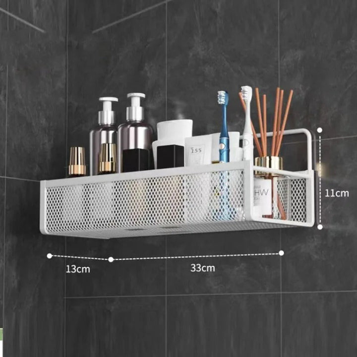 Organisation bain: étagère murale adhésive et crochets pour shampoing et accessoires.