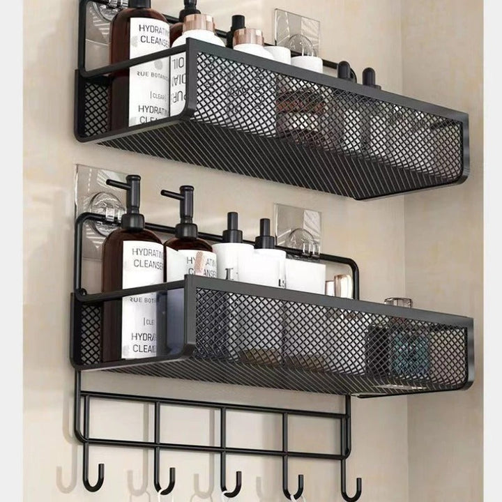 Rangement intelligent: étagère murale adhésive en plastique avec crochets pour le bain.