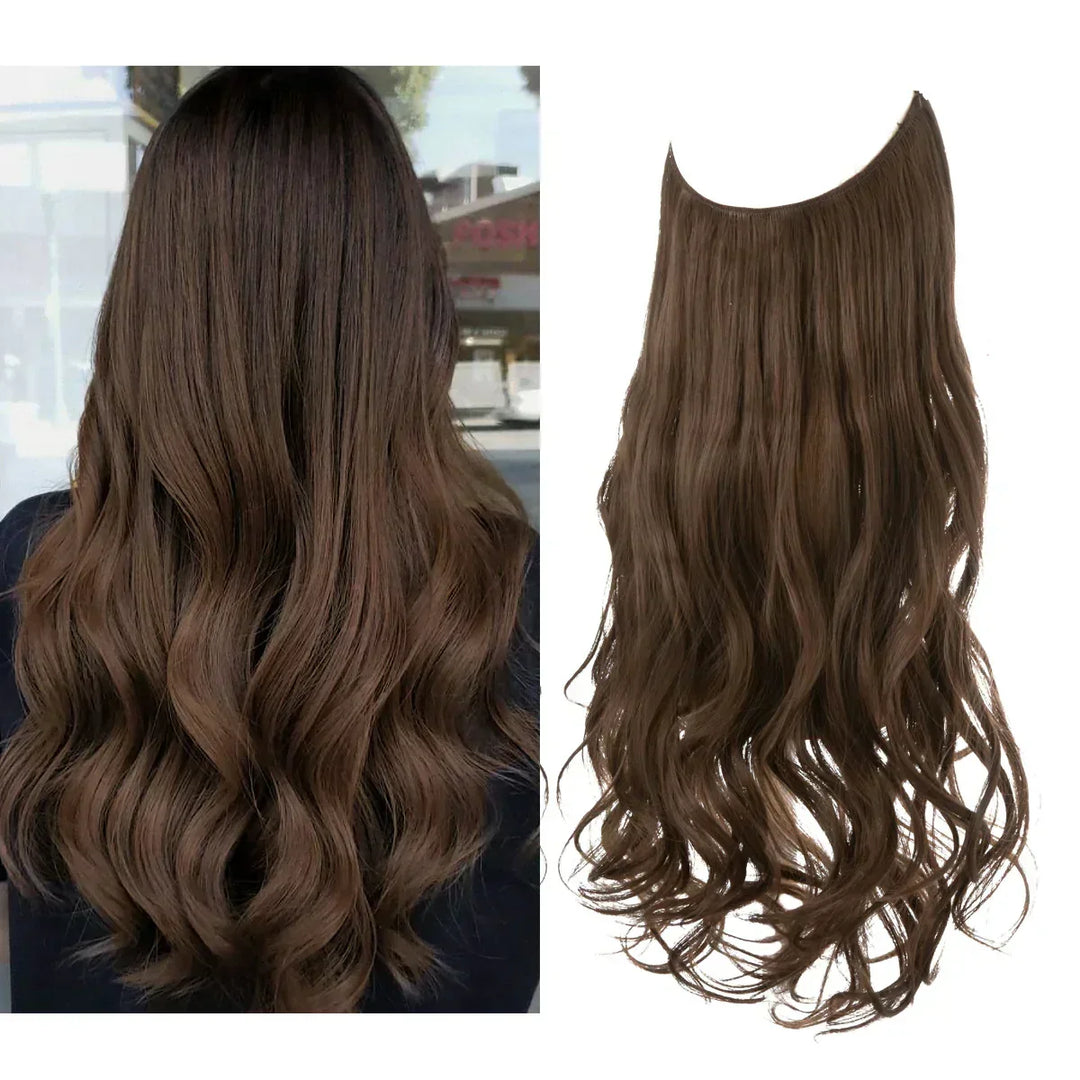 Extensions de cheveux naturels bouclés, châtain foncé, pour un volume glamour et une coiffure femme.