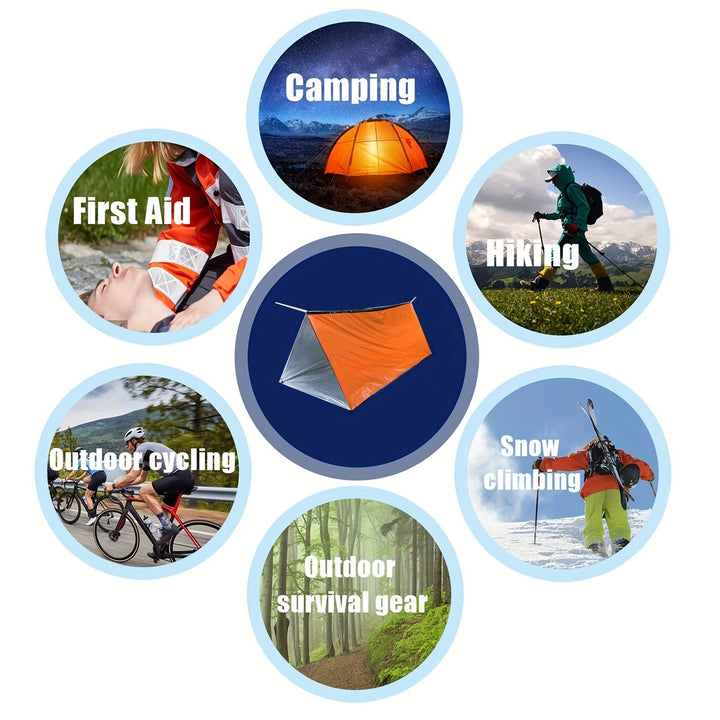 Tente 2 personnes polyvalente: urgence, survie, camping, randonnée. Abri imperméable et portable.