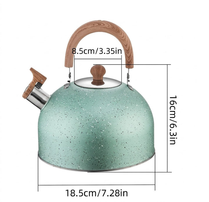 Bouilloire sifflante vert émeraude 2.5L en acier inoxydable. Chauffage rapide pour café, thé ou soupes.