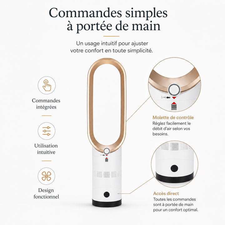 Ventilateur tour sans lame AeroLuxe. Rafraîchissement puissant et silencieux pour l'été.
