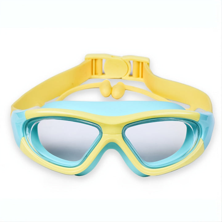 Détail lunettes natation enfant anti-buée protection UV, ajustement facile.