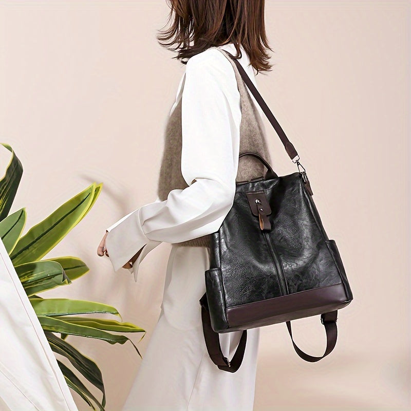 Sac à dos femme mode en cuir végétalien PU noir, design chic et élégant, parfait pour la ville.