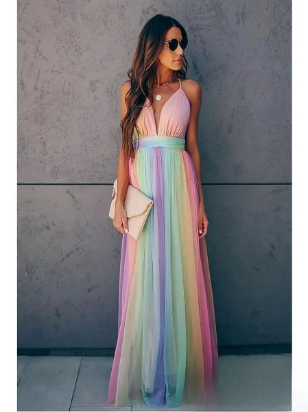 Robe longue femme élégante dégradé arc-en-ciel fluide. Idéale pour l'été, soirées ou vacances, look estival chic.
