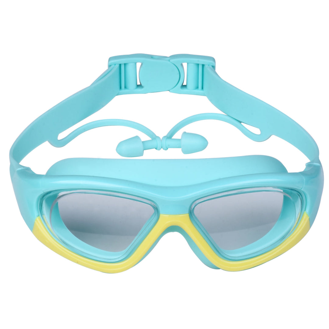 Vue latérale : Lunettes natation enfant anti-buée, grand cadre ergonomique, protection UV.