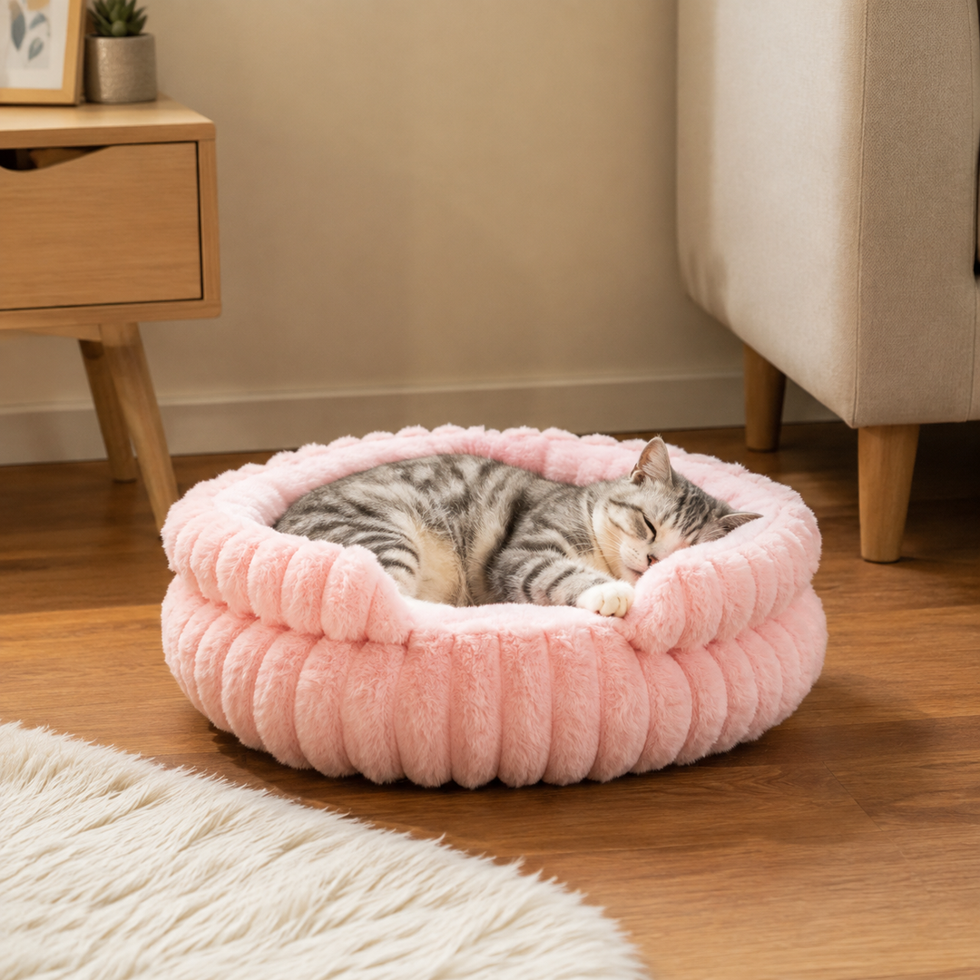 Lit animal rond ultra confortable, rembourré et douillet, parfait pour tous chiens et chats.
