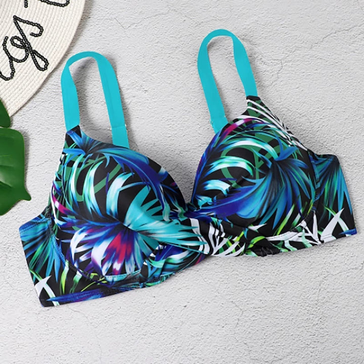 Bretelles ajustables du haut de bikini femme à imprimé tropical. Confort et maintien pour maillot de bain d'été.