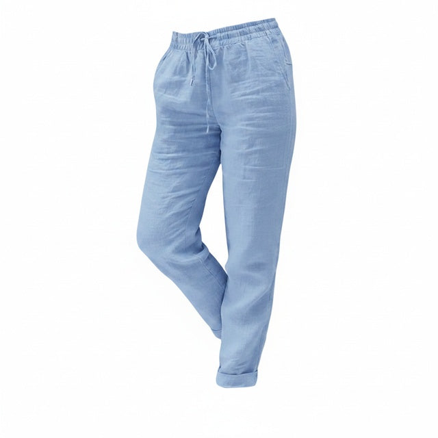 Pantalon long femme taille élastique, coupe droite, cordon ajustable. Idéal pour un look estival décontracté et confortable.