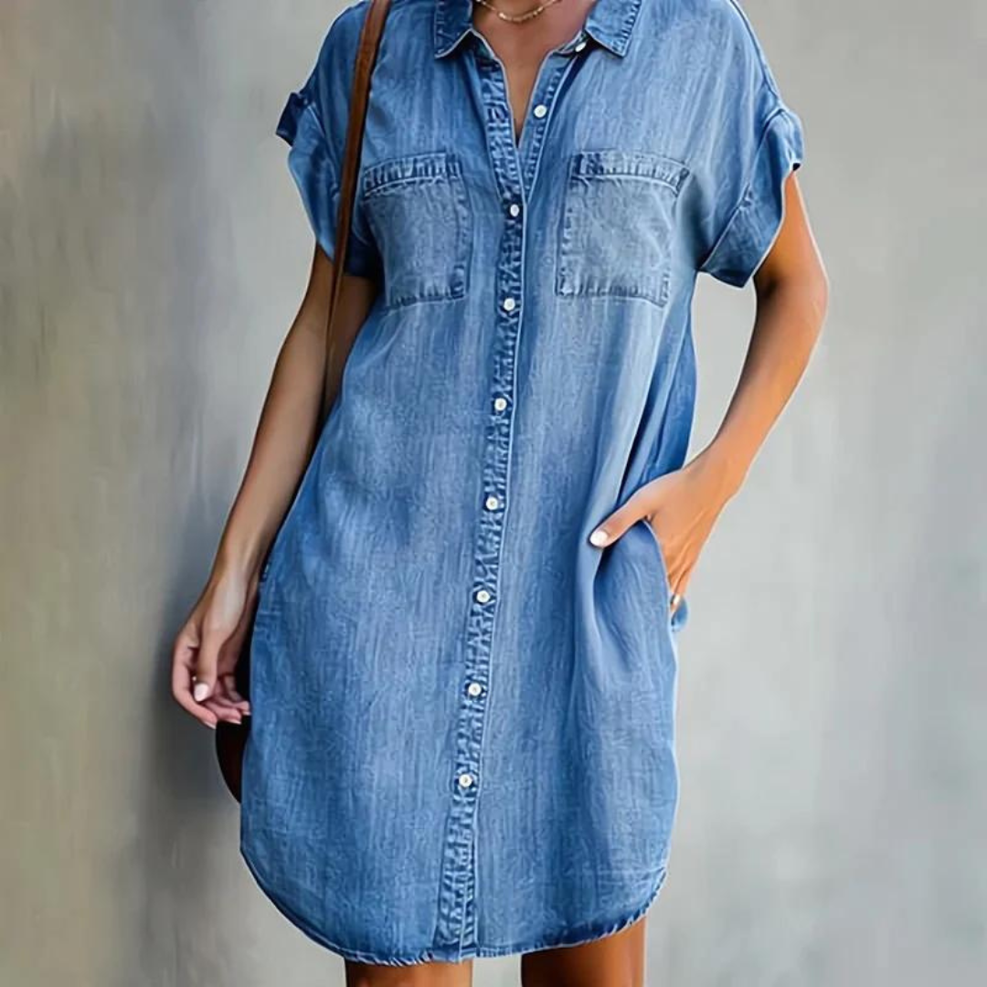 Robe jean femme confortable boutonnée, manches courtes, parfaite pour un style casual quotidien mi-cuisse.