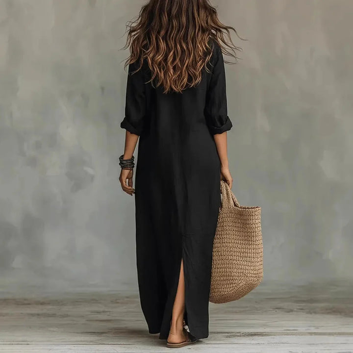 Robe longue femme type chemise, manches 3/4, fente, style bohème. Confortable, polyvalente, parfaite pour l'été.
