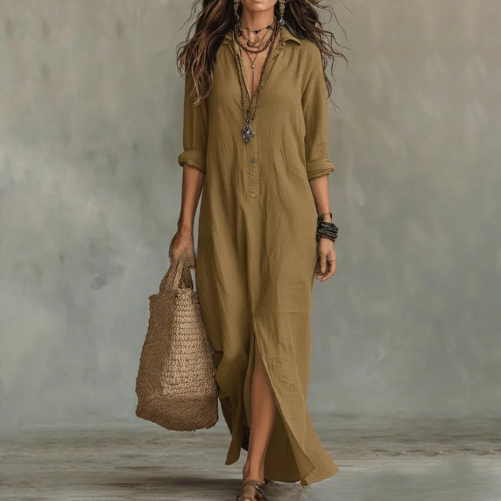 Robe maxi chemise femme chic, manches 3/4 et fente. Une pièce élégante et confortable, idéale pour diverses occasions.