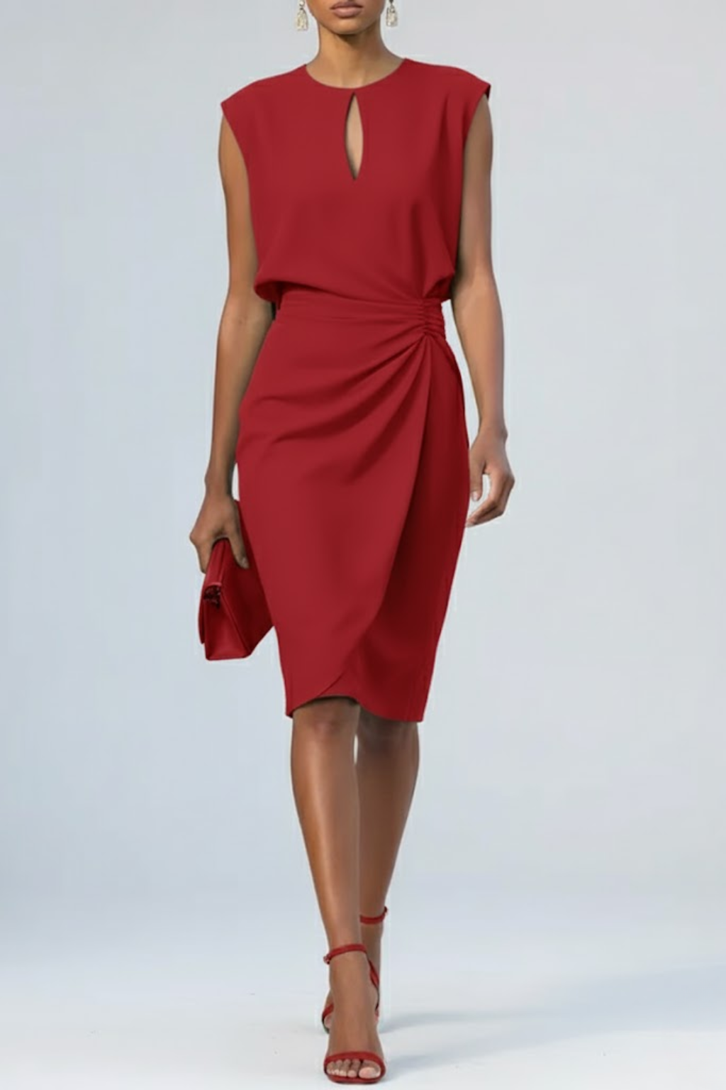 Tenue de cérémonie femme sophistiquée, robe midi élégante, sans manches, col keyhole. Pour occasions spéciales.