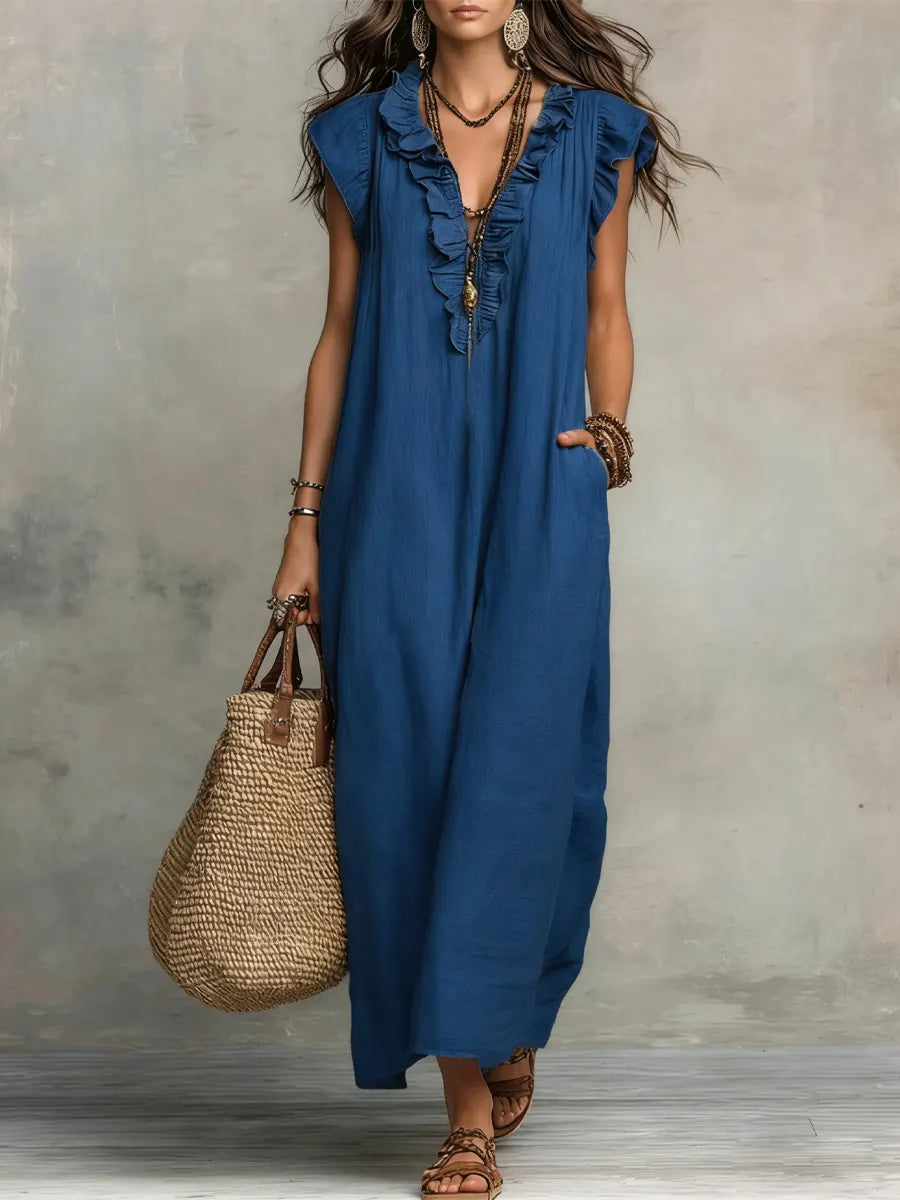 Robe d'été maxi bohème pour femme avec col V, volants fluides et un style décontracté et charmant.