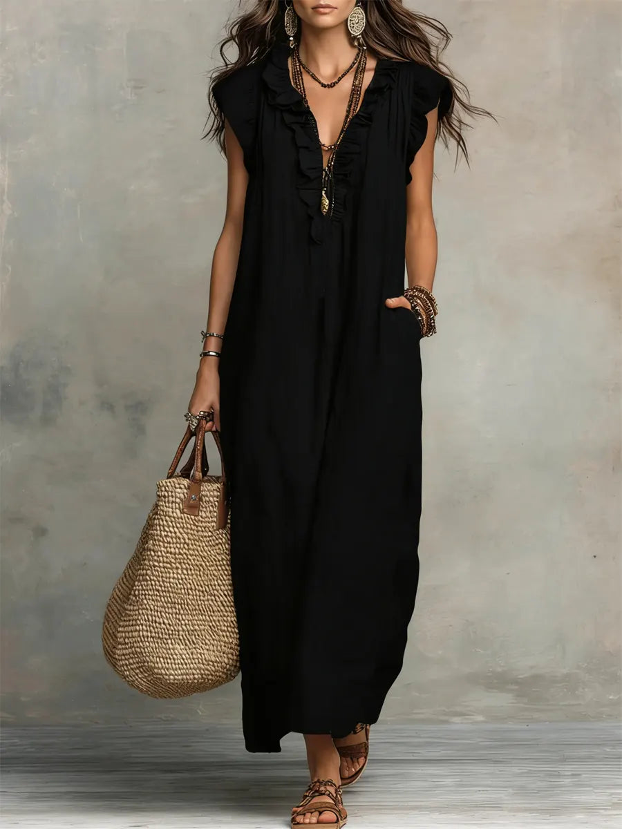 Robe maxi bohème femme sans manches, col V, volants, poches. Tenue estivale élégante, décontractée et polyvalente.