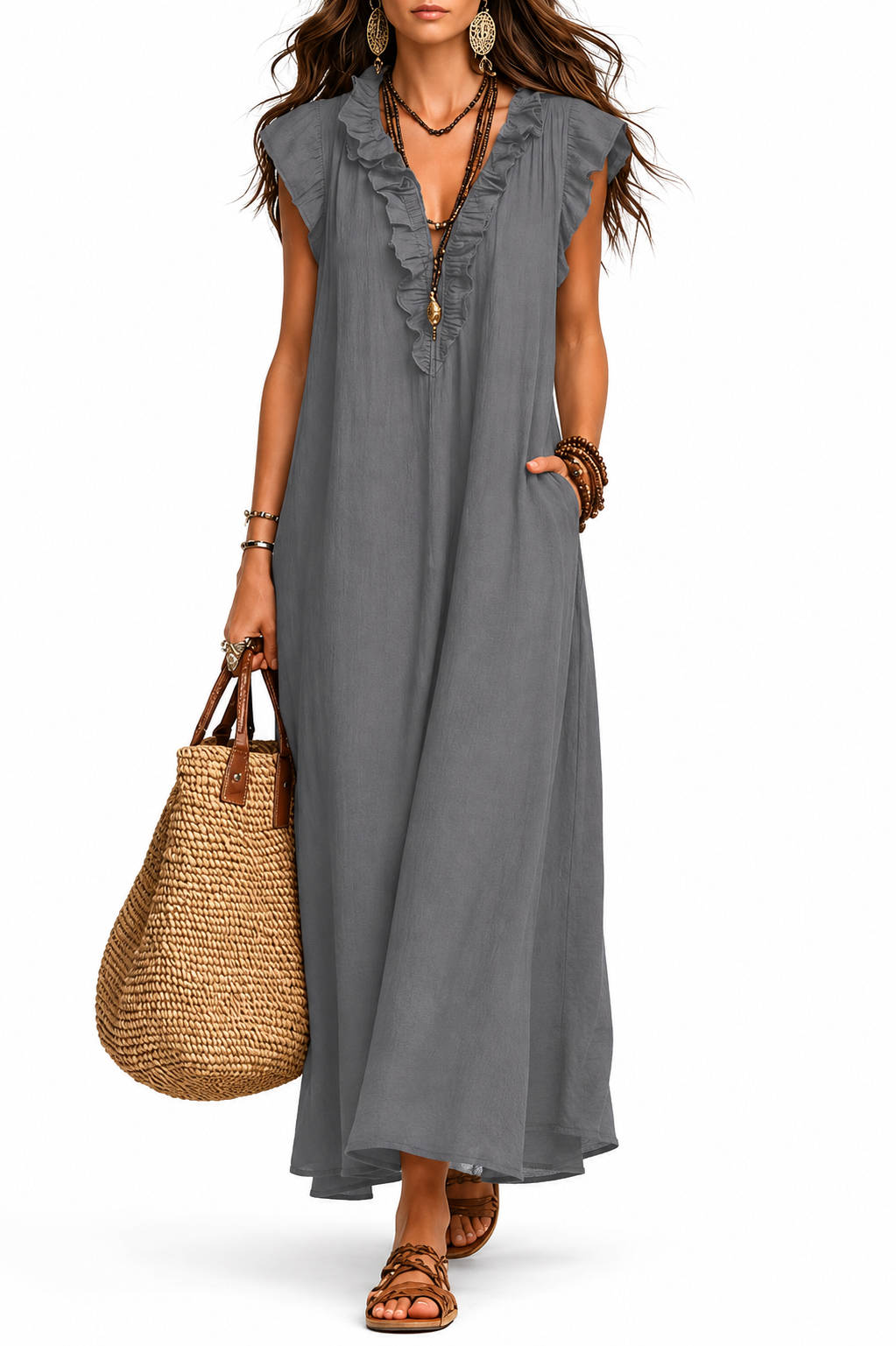 Robe maxi bohème femme à col V et volants, idéale pour un look estival décontracté et élégant.