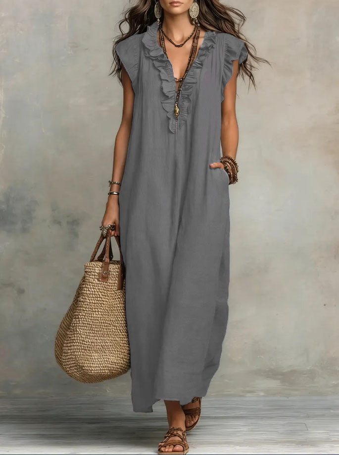 Tenue estivale élégante: robe maxi bohème femme à volants, col V. Parfaite pour le confort toute la journée.