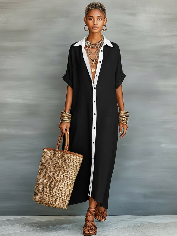 Détail du tissu léger de la robe maxi chemise femme oversize. Confort et fluidité pour l'été décontracté.