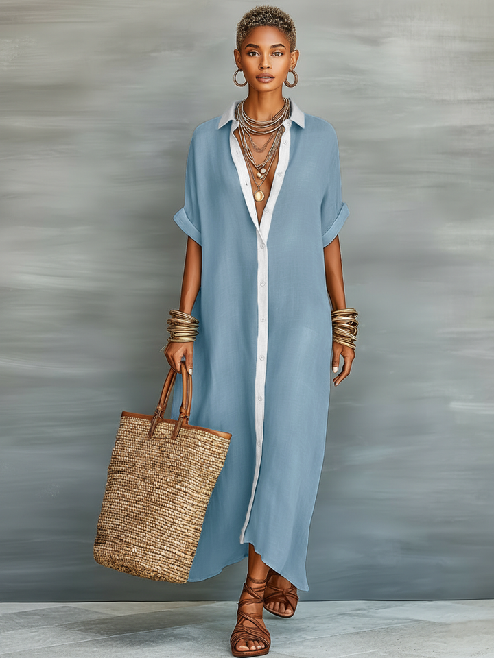 Vue de dos d'une robe chemise oversize pour femme. Confortable, chic et idéale pour un look décontracté d'été.