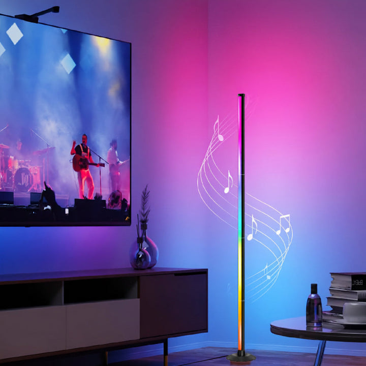 Élégant lampadaire LED noir 140 cm, design fin avec éclairage RGBIC personnalisable. Idéal pour un intérieur moderne.