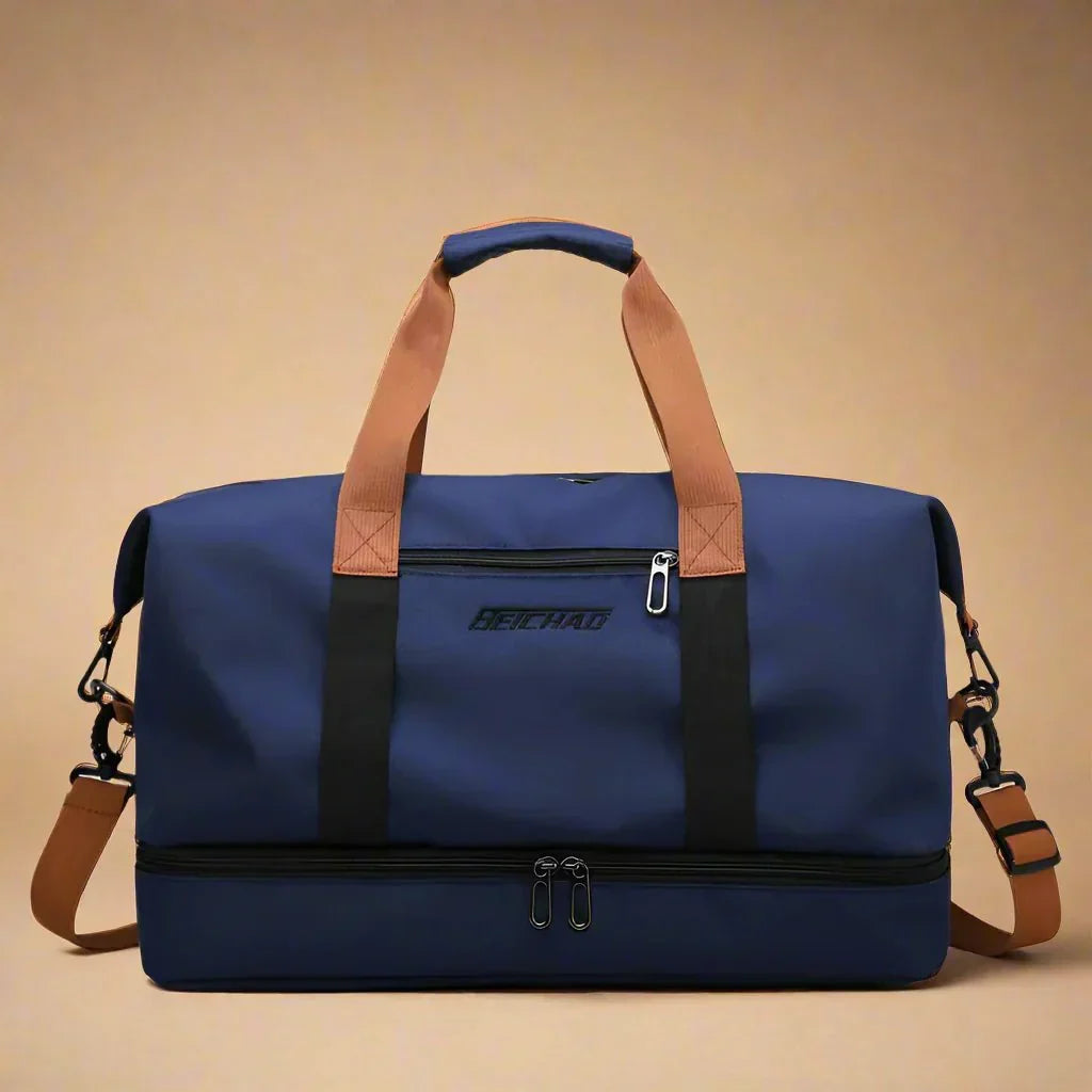 Sac de gym moderne, imperméable, avec compartiments intelligents pour chaussures et séparation sec/humide.