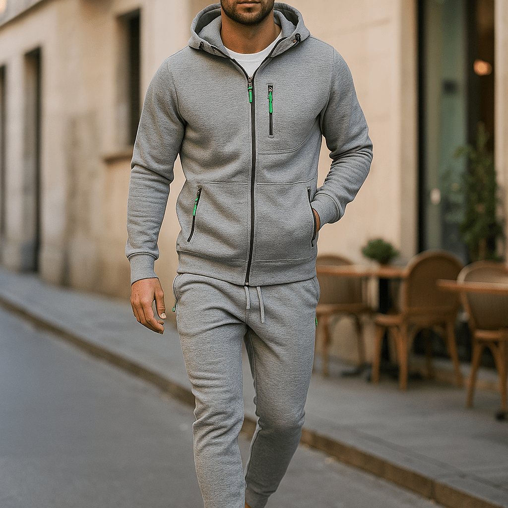 Ensemble homme décontracté à capuche, offrant confort et style sportif pour un usage quotidien en milieu urbain.