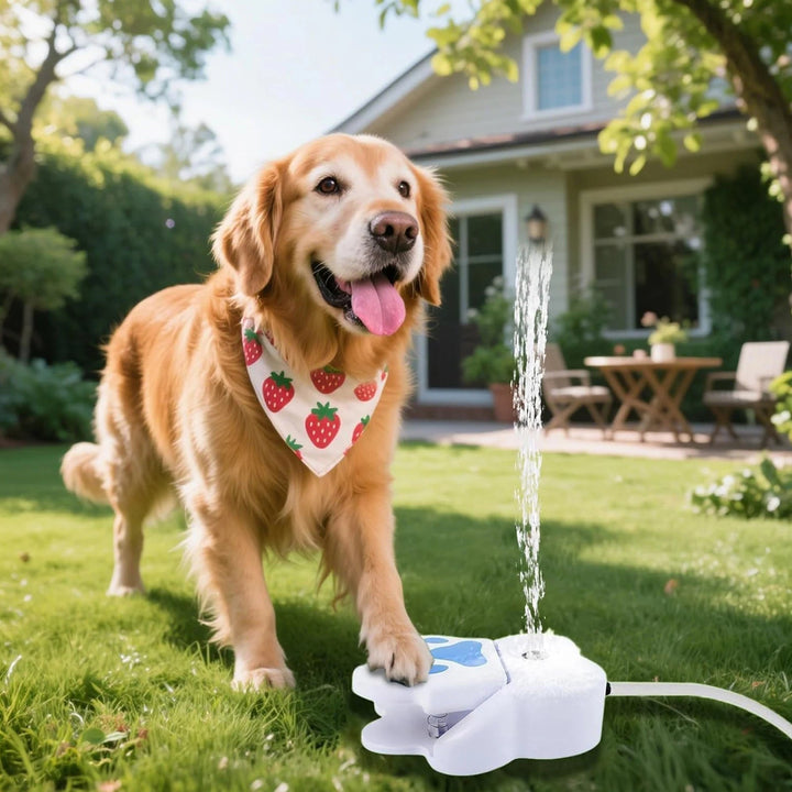 Fontaine d'eau interactive pour chien, activation par patte, rafraîchissement ludique dans le jardin.