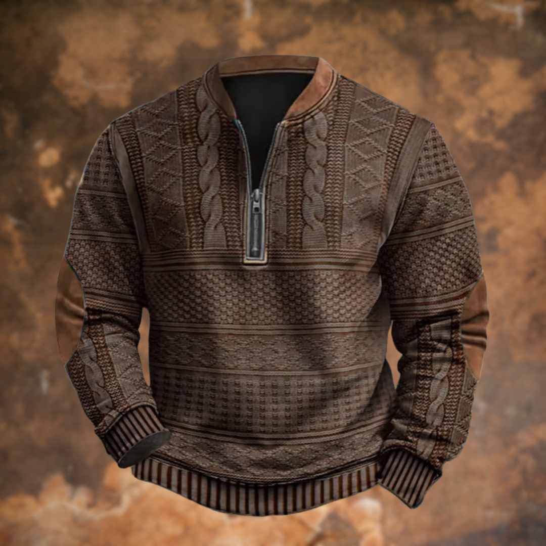 Détail du zip et texture maille du pull homme tricoté, vêtement d'hiver mode, confort et élégance assurés.