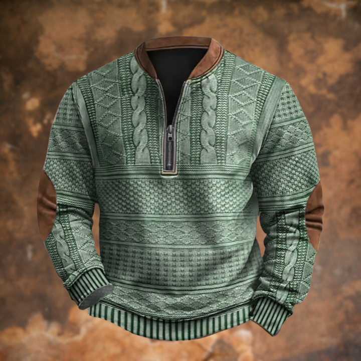 Homme portant un pull tricoté zippé avec jean, look casual hivernal, alliant confort, chaleur et mode.