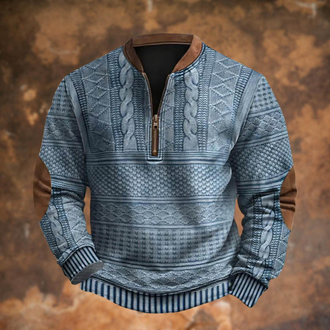 Pull homme tricoté zippé gris chiné, coupe régulière, élégant pour l'hiver. Vêtement masculin confortable et mode.