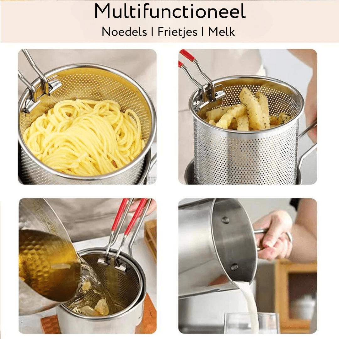 Friteuse anti-brûlure en acier inoxydable, un ustensile de cuisine sûr et efficace pour une friture parfaite.