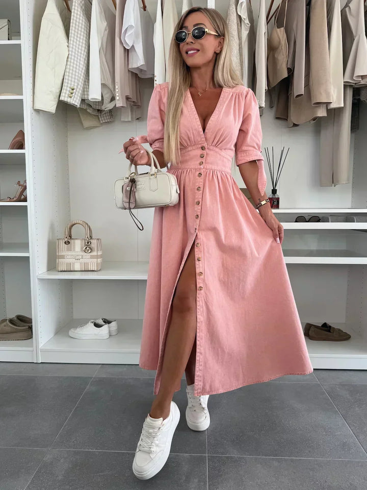 Robe midi boutonnée en jean pour femme, col V élégant, idéale printemps/été.
