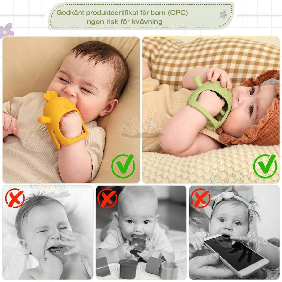 Gant de dentition bébé en silicone durable. Résiste à la mastication, facile à nettoyer. Apaisement longue durée.