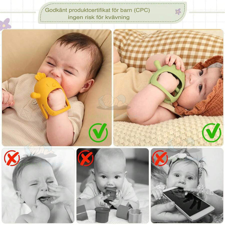 Gant de dentition bébé en silicone durable. Résiste à la mastication, facile à nettoyer. Apaisement longue durée.