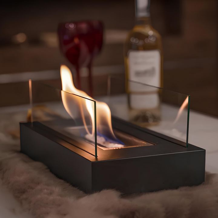 Cheminée de table LumaFlame portable, flamme éthanol pour ambiance chaleureuse intérieure et extérieure.