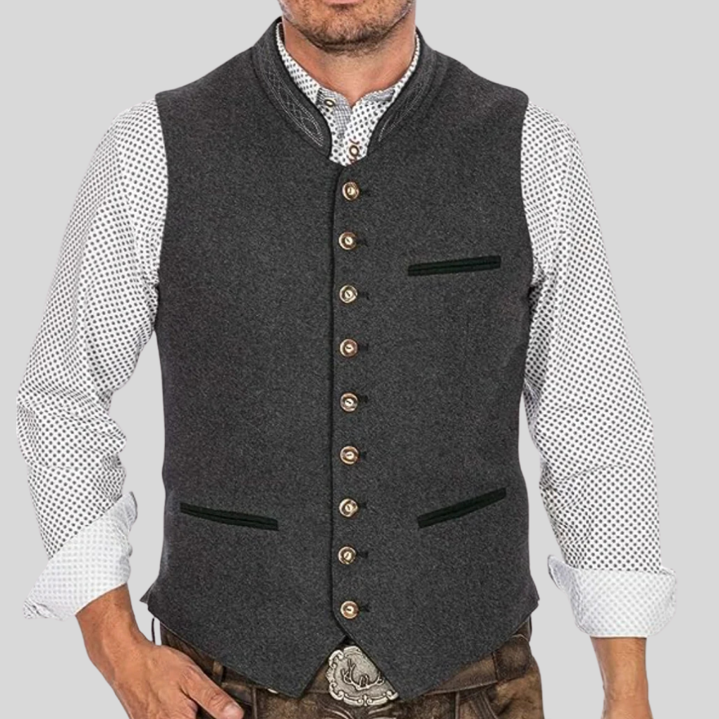 Gilet Trachten bavarois élégant pour homme, style traditionnel moderne, parfait pour festival ou mode masculine.