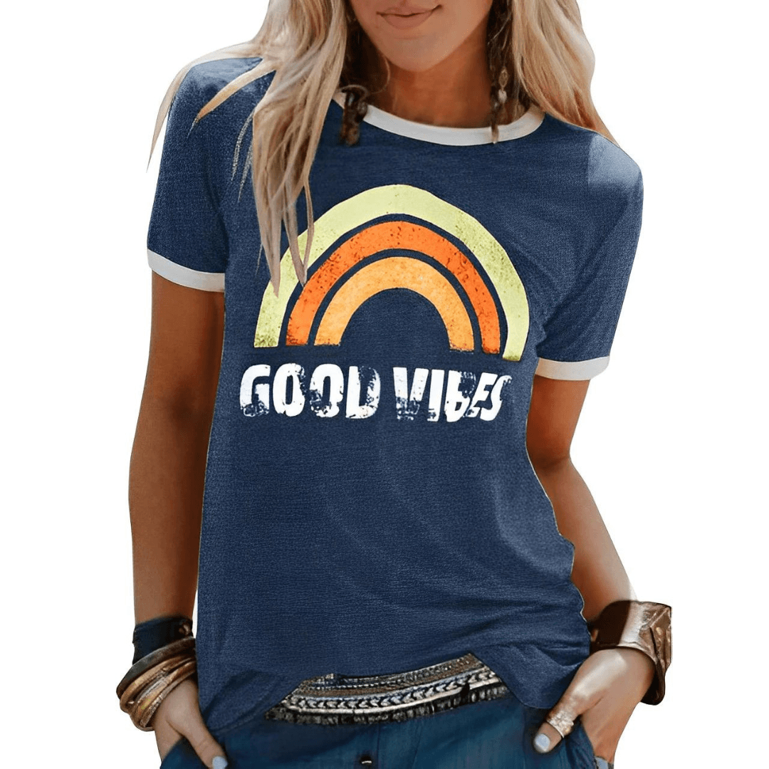 T-shirt femme Good Vibes décontracté, message positif pour l'été. Confortable et stylé pour la mode.