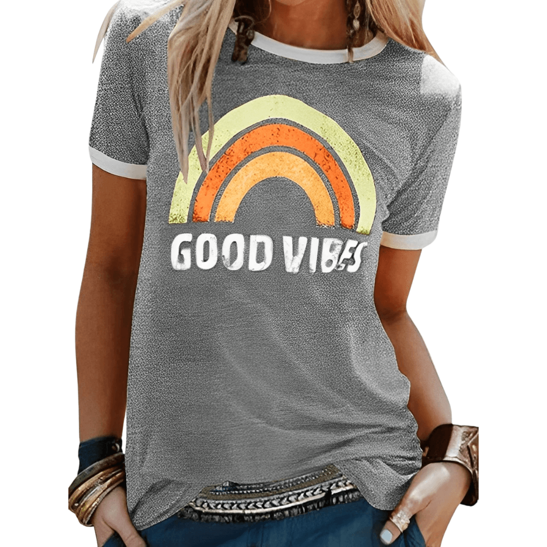 T-shirt femme avec imprimé 'Good Vibes', parfait pour un style décontracté et positif. Mode été confortable et tendance.