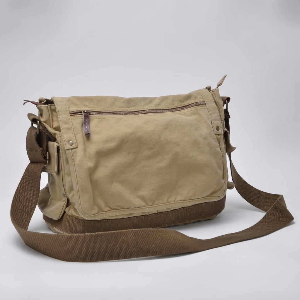 Sac messenger vintage unisexe en toile kaki, offrant un grand rangement organisé pour le quotidien et les voyages.