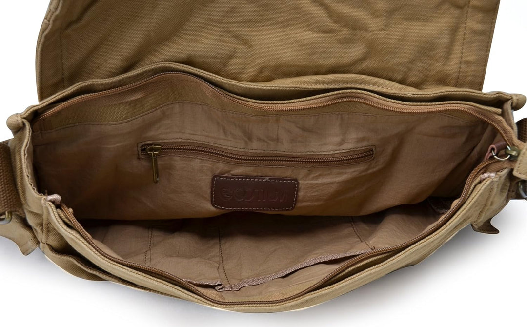 Sac messenger vintage unisexe en toile beige, avec multiples poches pour organisation, idéal pour vos essentiels.