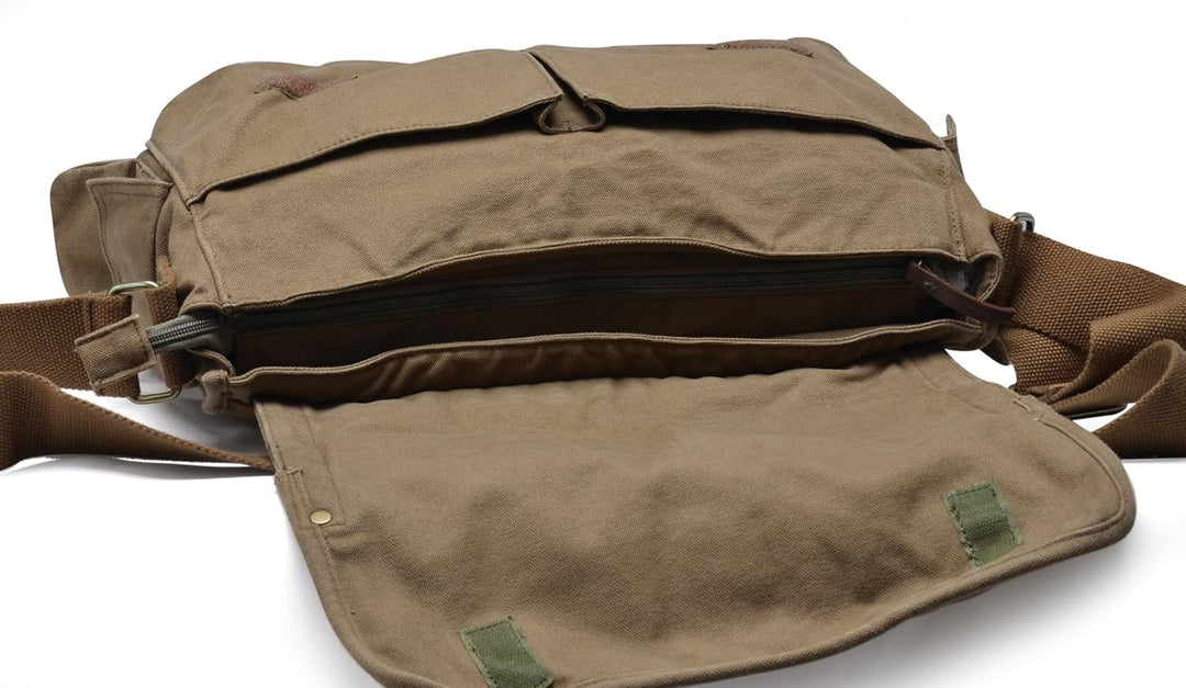 Sac messenger unisexe vintage en toile robuste kaki, conçu pour le voyage et l'usage quotidien, grand compartiment.