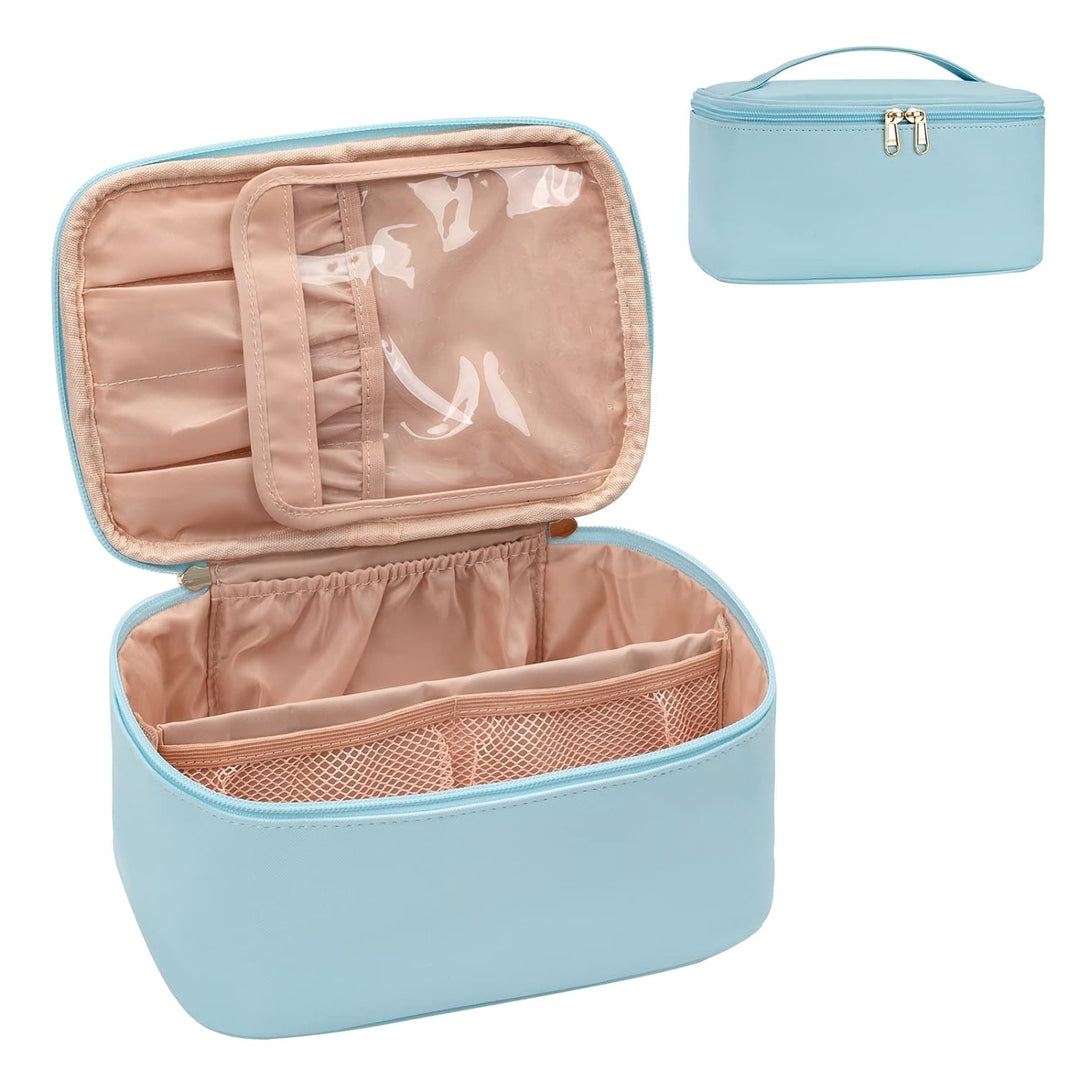 Boîte de rangement maquillage de voyage, couleur bleue, pratique et portable.