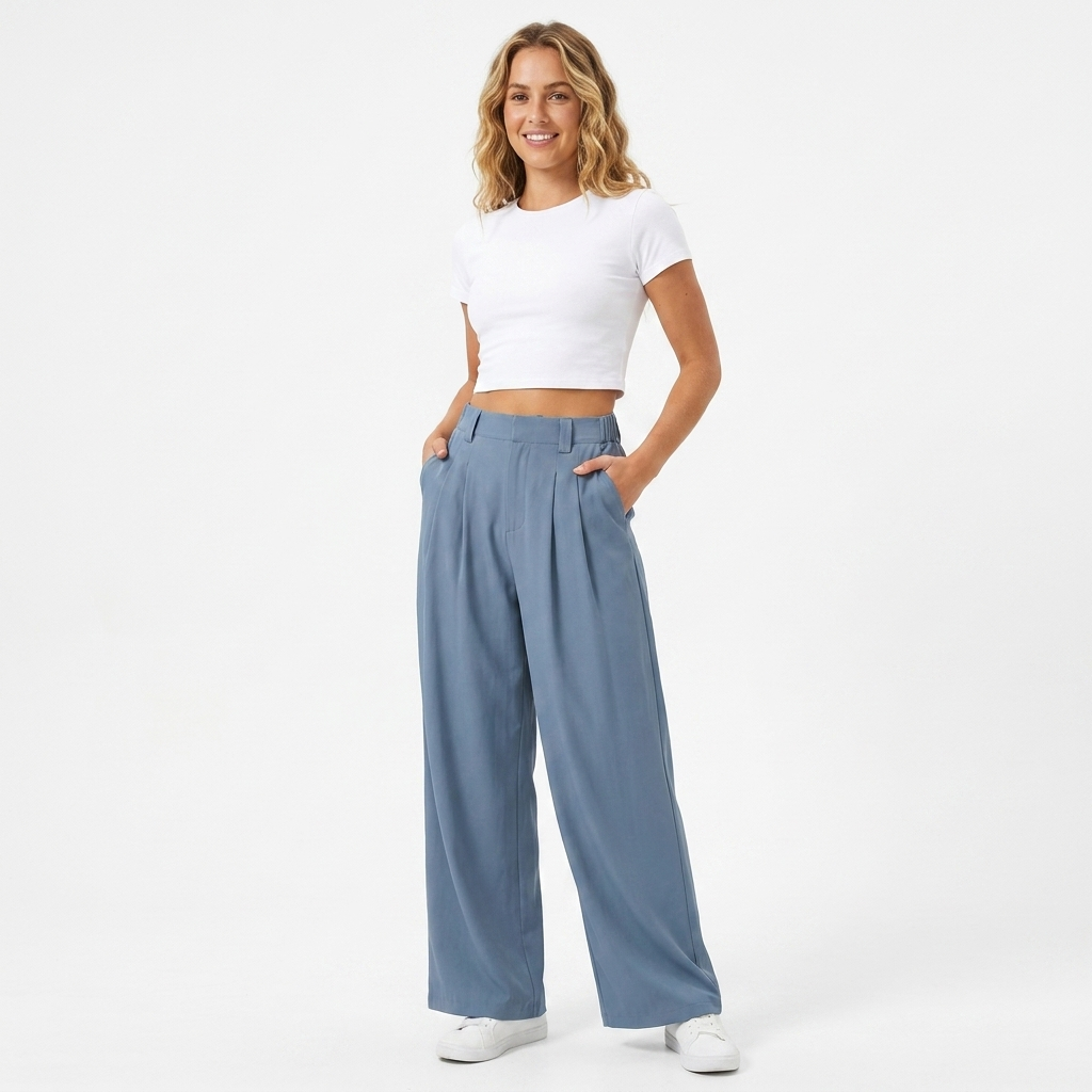 Pantalon large femme taille haute plissé, élégant et confortable pour bureau ou chic décontracté en bleu.