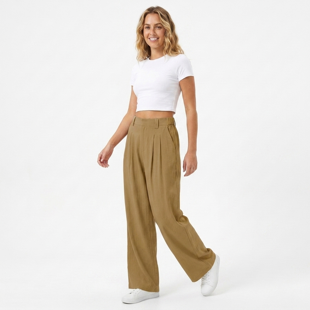 Pantalon tailleur femme à jambe large, taille haute plissée, parfait pour le bureau ou un look chic polyvalent.