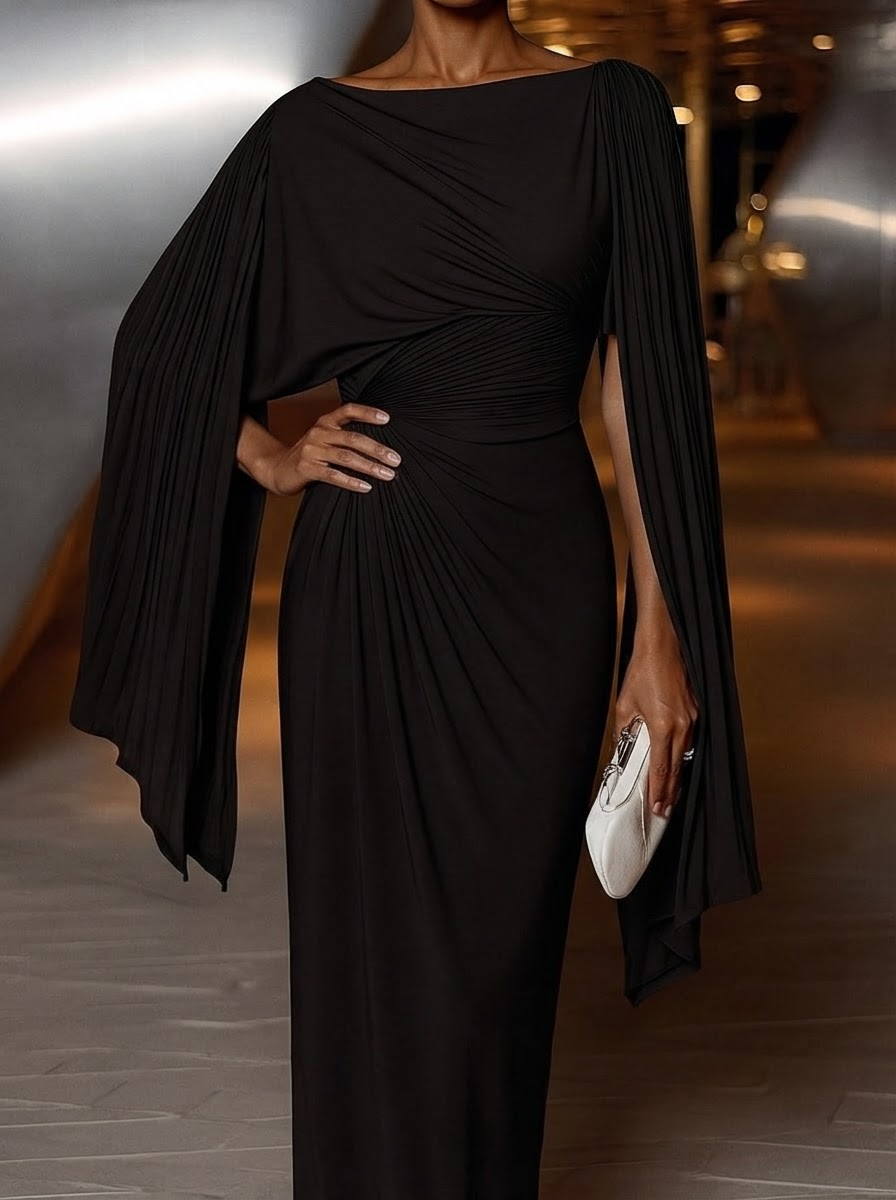 Robe longue drapée plissée femme avec élégance asymétrique, parfaite pour toute occasion spéciale.